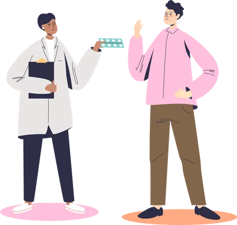 Man Refusing To Take Medical Treatment And Pills From Doctor Medication Refusal Concept Cartoon Male Patient Refuses From Drugs Flat Vector Illustration Illustration