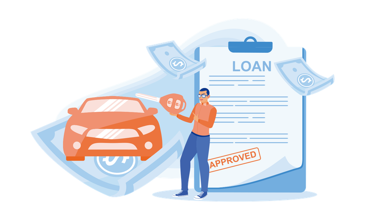 Man rejoices at bank approval for loan money to buy car  Illustration