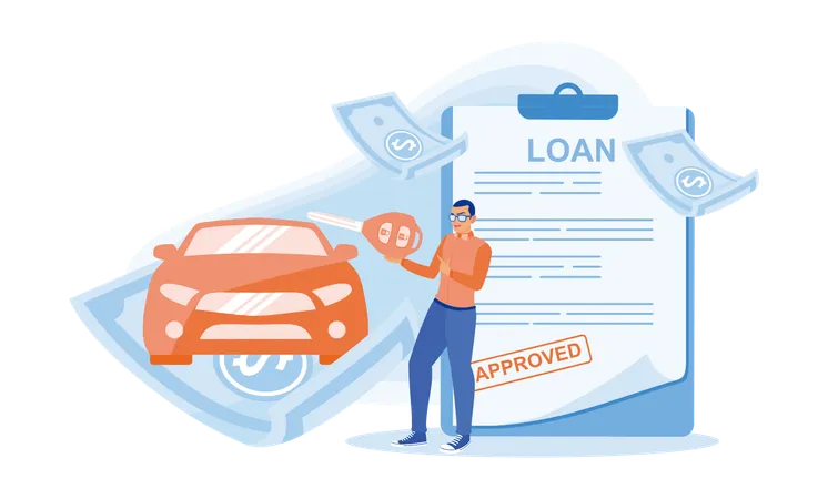 Man rejoices at bank approval for loan money to buy car  Illustration