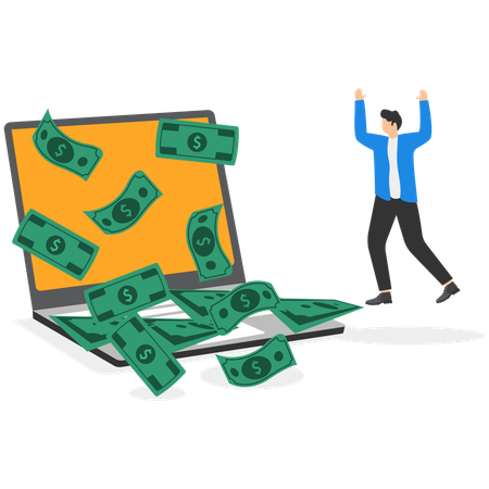 Man rejoices at large amount of money flying out  Illustration