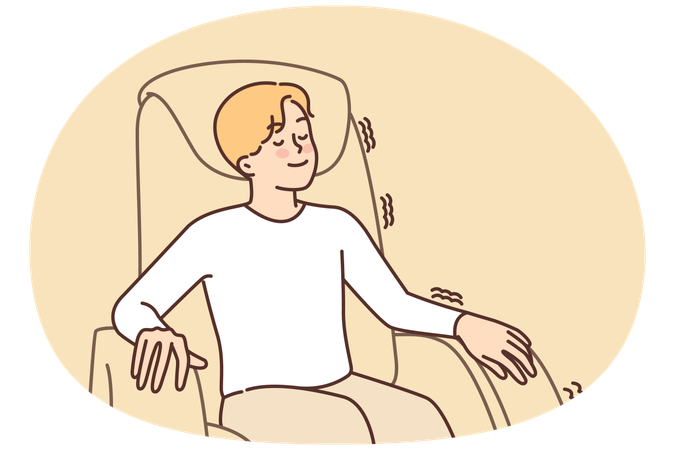 Man relaxed sitting in massage chair enjoying comfort and wellness treatments for spine and muscles  Illustration