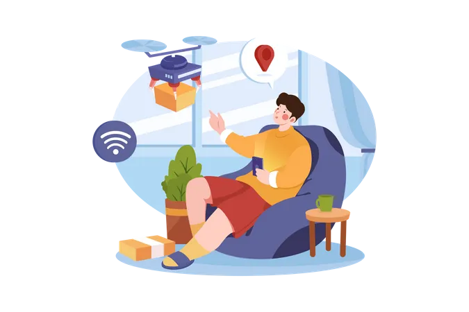 Man relaxing and receive package from drone Illustration