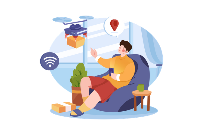 Man relaxing and receive package from drone  Illustration