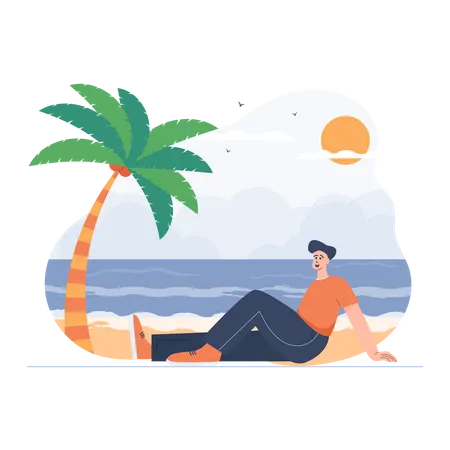 Man relaxing at beach  Illustration
