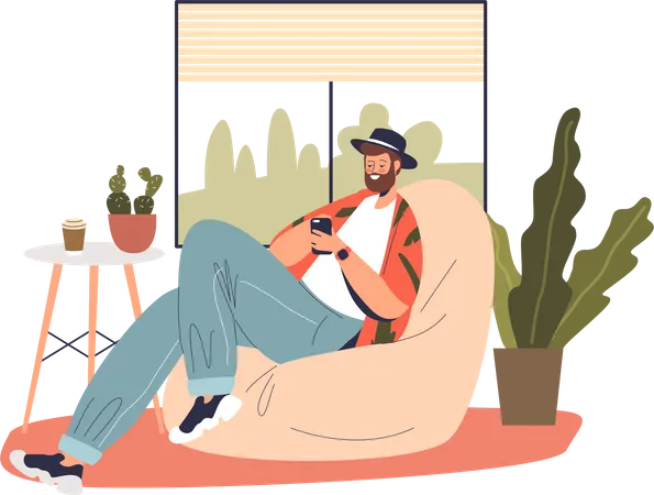 Young Man Relaxing At Home With Smartphone In Hands Posting To Social Media Messaging In Text Messengers With Friends Or Scrolling Web Browser Online Cartoon Flat Vector Illustration Illustration