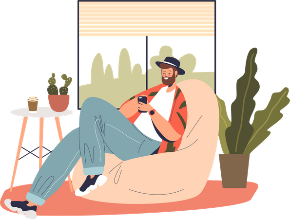 Man relaxing at home with smartphone in hands  Illustration