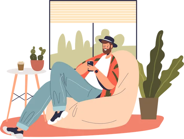 Man relaxing at home with smartphone in hands  Illustration