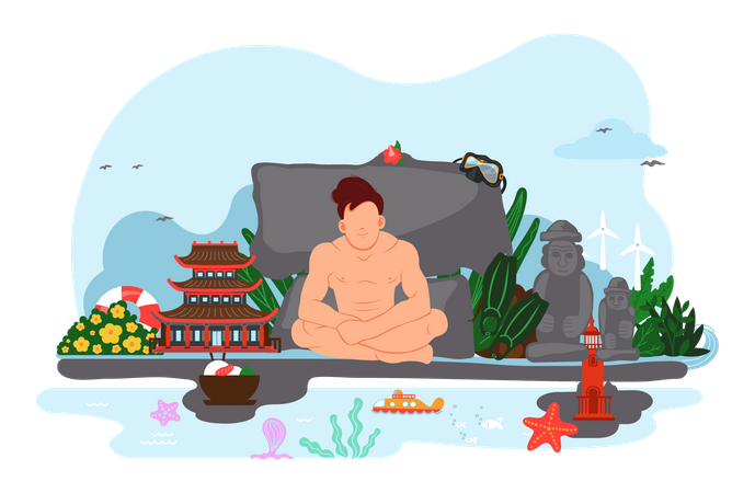 Man relaxing at Jeju island  Illustration