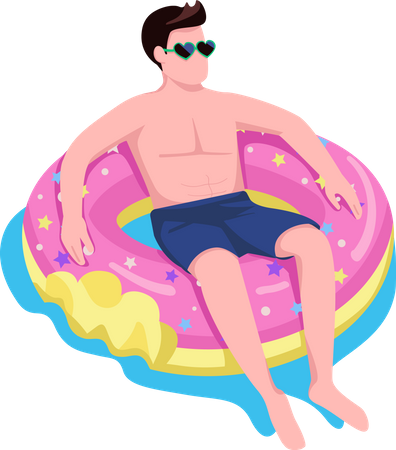 Man relaxing in donut air mattress Illustration