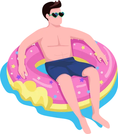 Man Relaxing In Donut Air Mattress Semi Flat Color Vector Character Sitting Figure Full Body Person On White Water Activity Simple Cartoon Style Illustration For Web Graphic Design And Animation Illustration