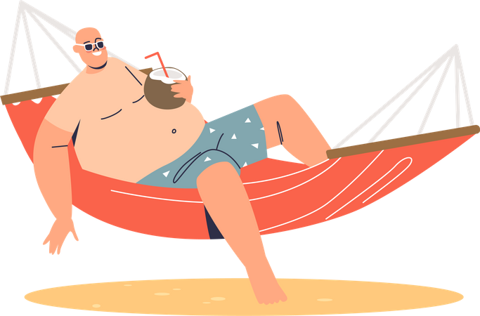 Man relaxing in hammock while drinking coconut juice  Illustration