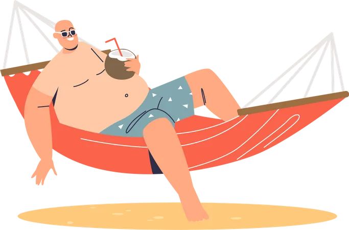 Man relaxing in hammock while drinking coconut juice  Illustration