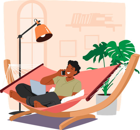 Man Relaxing In Hammock With Laptop And Phone  Illustration