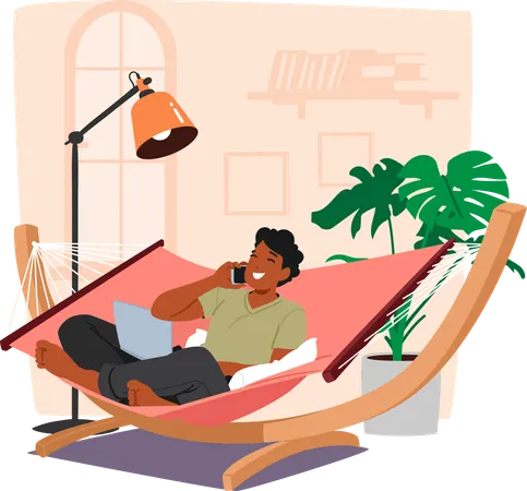 Man Relaxing In Hammock With Laptop And Phone  Illustration