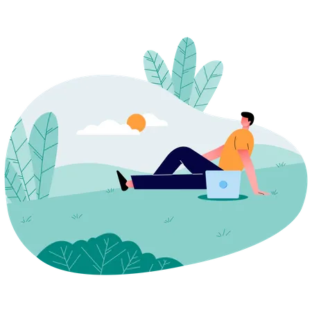 Relaxed Freelancer Guy Sitting On On The Open Space Working In Laptop With Good Natural Places Relax With Tablet Computer Remote Work Flat Vector Flat Illustration Illustration