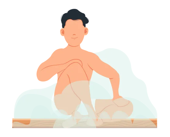 Man Sitting And Relaxing In Sauna Isolated On White Bathhouse Or Banya Wellness Spa Procedures Male Character In Hot Steam Bath Resting Alone Person Takes Care Of Health Enjoys In Steam Room Illustration