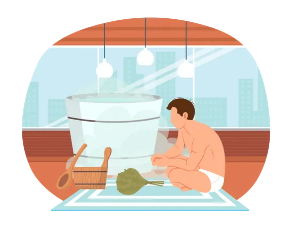 Man Sitting Near Tub Vector Illustration Bathhouse Or Banya At Home Interior Design Guy Next To Barrel Is Resting In Sauna Male Character In Hot Steam Person Looks At Bath Accessories And Broom Illustration