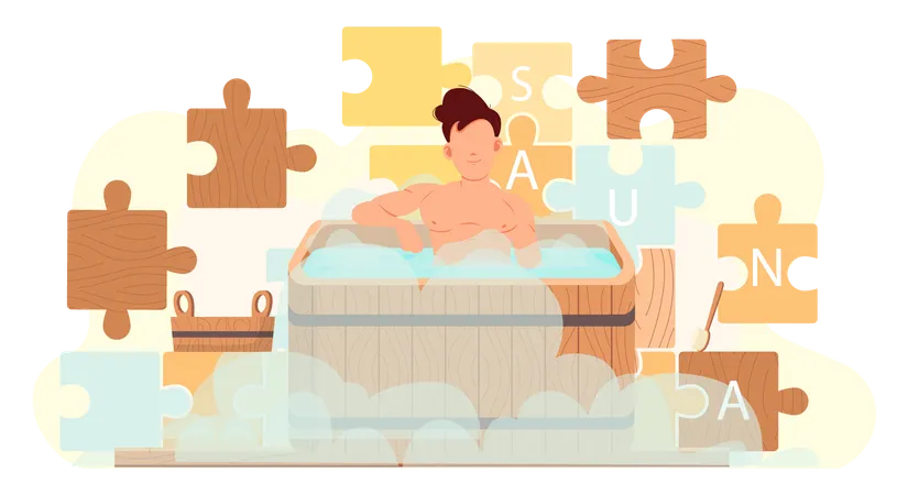 Man Sitting In Wooden Font On Background Of Pieces Of Puzzle With Inscription Sauna Guy Is Steaming In Sauna With Barrel Male Character Bathes In Boiling Water And Spends Time In Bath Tub Illustration