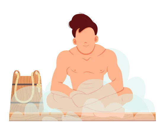 Man Sitting And Relaxing In Sauna Isolated On White Bathhouse Or Banya Wellness Spa Procedures Male Character In Hot Steam Bath Resting Alone Person Takes Care Of Health Enjoys In Steam Room Illustration