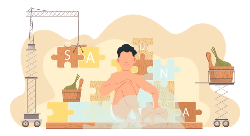 Man Sitting On Background Of Pieces Of Puzzle With Inscription Sauna Guy Wearing Underwear Taking Steam Bath Male Character In Underpants Near Bath Accessories Broom And Bucket In Cloud Of Steam Illustration