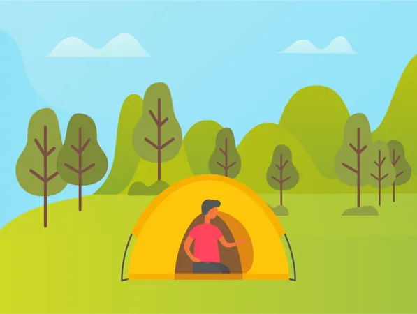 Summer Vacation And Activities Vector Man Camping Sitting In Tent Nature With Trees And Mountains Hills And Meadows Active Lifestyle Of Tourist Illustration
