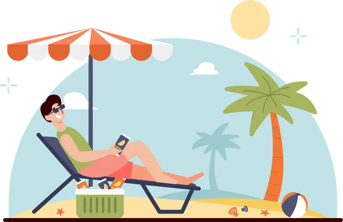 This Brightly Colored Flat Illustration Captures The Essence Of A Peaceful Day At The Beach Where A Man Enjoys A Holiday And A Refreshing Fruit Drink In The Morning Relaxing By The Beach This Illustration Can Be Used For Various Purposes Such As Posters Landing Pages And Other Promotions Illustration