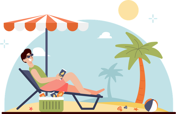 Man Relaxing On at Beach  Illustration