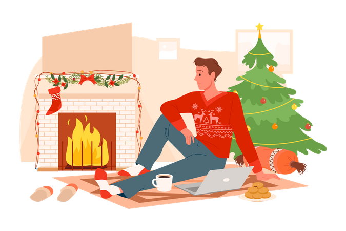 Man relaxing on Christmas eve  Illustration