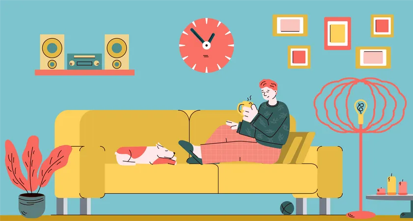 Man relaxing on home sofa with cup of tea and sleeping dog Illustration