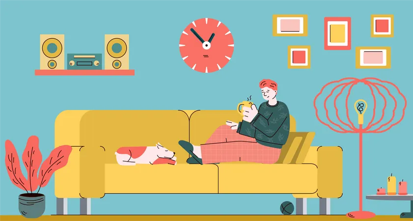 Man relaxing on home sofa with cup of tea and sleeping dog  Illustration