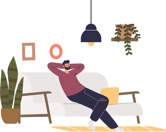 Man relaxing on sofa in living room. Cartoon male having rest on couch at home  Illustration