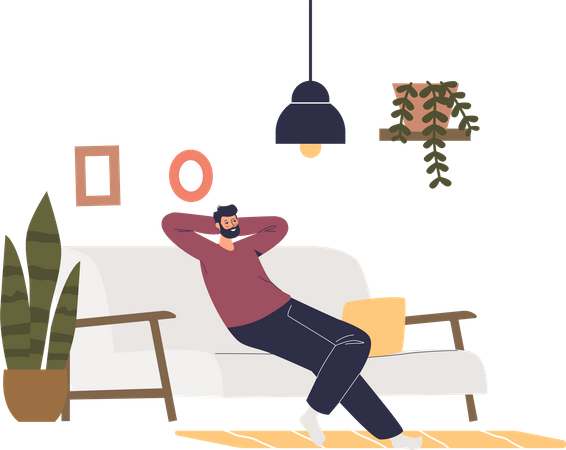 Man relaxing on sofa in living room. Cartoon male having rest on couch at home  Illustration
