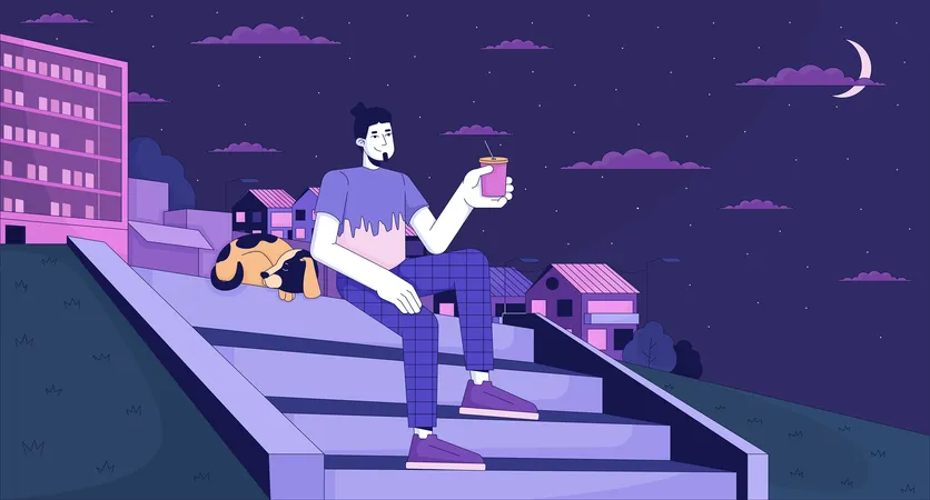 Relaxing With Pet On Hillside Stairs At Night Lofi Wallpaper Dog Walking 2 D Cartoon Flat Illustration Man Drinking Coffee On Staircase Dreamy Chill Vector Art Lo Fi Aesthetic Colorful Background Illustration