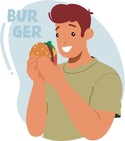 Man Relishing Juicy Burger With A Look Of Pure Satisfaction On His Face Male Character With Joy Of Indulging In Fastfood Concept For Fast Food Restaurant Promo Cartoon People Vector Illustration Illustration