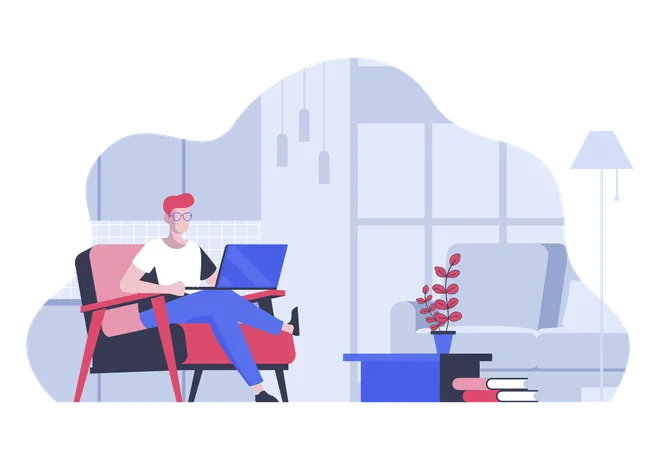 Man Remote worker doing tasks at laptop from comfy condition office  Illustration