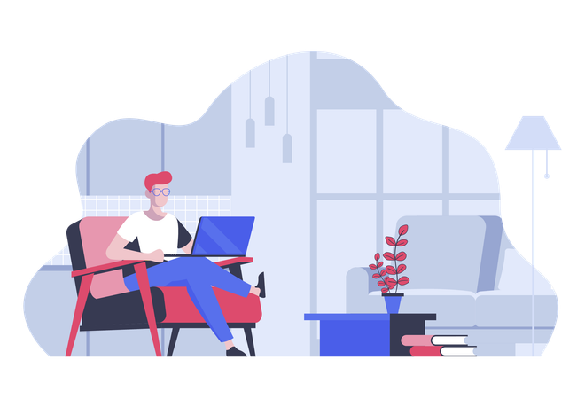 Man Remote worker doing tasks at laptop from comfy condition office  일러스트레이션