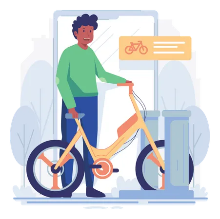 Man renting bike using rental app Illustration