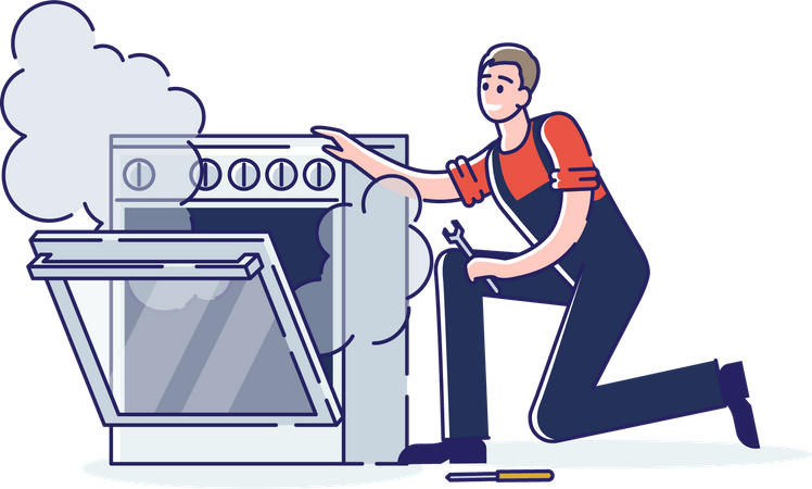 Man Repair Gas Stove Oven At Home  Illustration