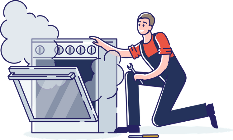 Man Repair Gas Stove Oven At Home  Illustration