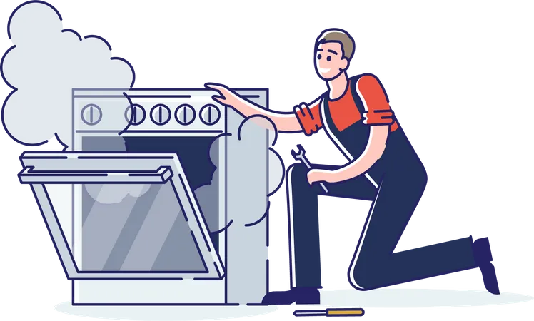 Man Repair Gas Stove Oven At Home  Illustration