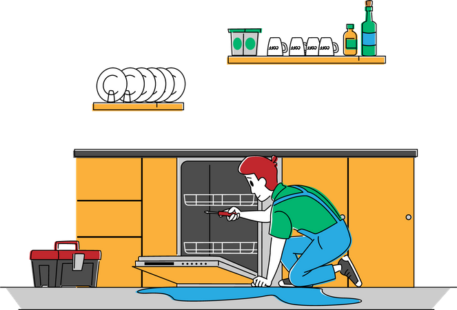 Man Repairing Dishwasher Racks Illustration