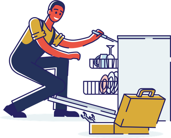 Man Repairing Dishwasher Using Tools  Illustration