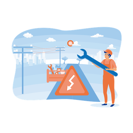 Man repairing electricity on side of highway  Illustration