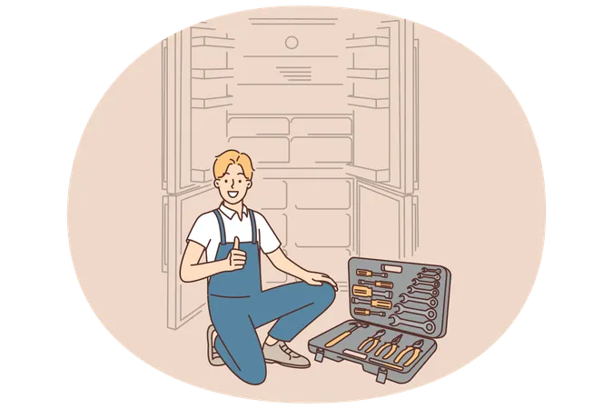冷蔵庫を修理している男性が、修理用の工具を持ってケースの近くにひざまずき、親指を立てている。  イラスト