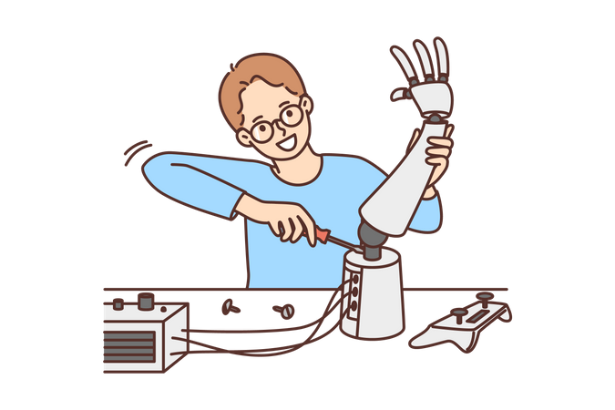 Man repairing robotic arm  Illustration
