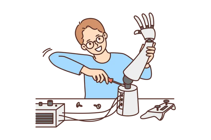 Man repairing robotic arm  Illustration