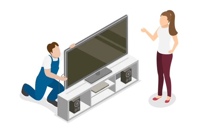 3 D Isometric Flat Vector Illustration Of Repairing Television Service And Maintenance Illustration