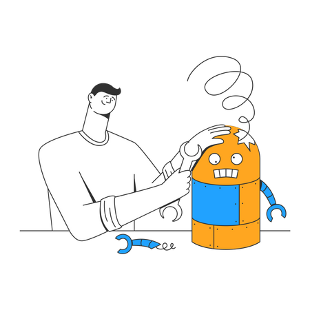 Man repairs broken robot  Illustration