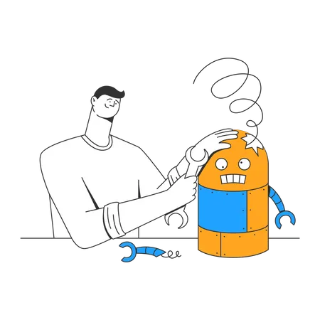 Man repairs broken robot  Illustration