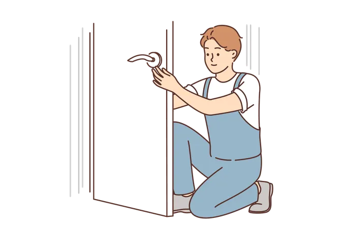 Man Repairs Door By Changing Lock To Prevent Criminals From Entering Apartment Guy Repairman In Overalls Restores Door Or Repairs Doorknob For Advertising Professional Repair Service イラスト